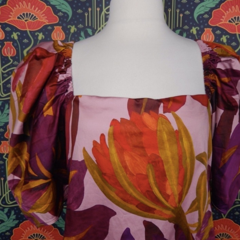Farm Rio Anthropologie Puff Sleeve Square Neck Purple Green Mini Dress XL Nwt - Picture 5 of 9